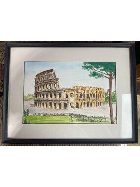 Vintage Signed Colosseum Watercolor Print Painting Black Frame Matted 13x17"